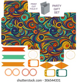 Party set. Gift box template.  Abstract colored swirl pattern. Empty labels and cupcake toppers and food tags. 