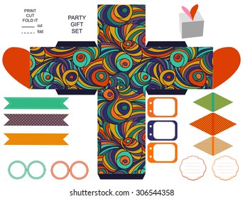 Party set. Gift box template.  Abstract colored swirl pattern. Empty labels and cupcake toppers and food tags. 