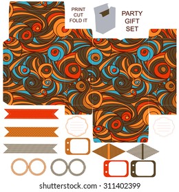 Party set. Gift box template.  Abstract swirl waves pattern. Empty labels and cupcake toppers and food tags. 