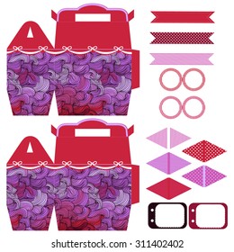 Party set. Gift box template.  Abstract swirl waves pattern. Empty labels and cupcake toppers and food tags. 