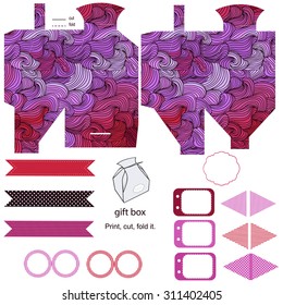 Party set. Gift box template.  Abstract swirl waves pattern. Empty labels and cupcake toppers and food tags. 