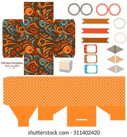 Party set. Gift box template.  Abstract swirl waves pattern. Empty labels and cupcake toppers and food tags. 