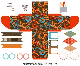 Party set. Gift box template.  Abstract swirl waves pattern. Empty labels and cupcake toppers and food tags. 