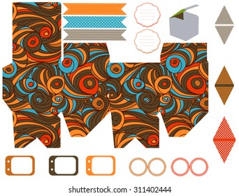 Party set. Gift box template.  Abstract swirl waves pattern. Empty labels and cupcake toppers and food tags. 