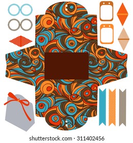 Party set. Gift box template.  Abstract swirl waves pattern. Empty labels and cupcake toppers and food tags. 