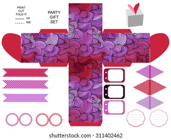 Party set. Gift box template.  Abstract swirl waves pattern. Empty labels and cupcake toppers and food tags. 