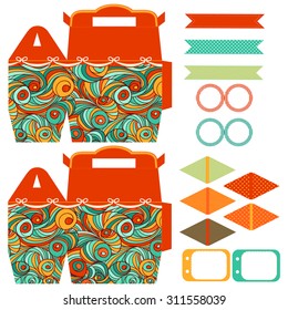 Party set. Gift box template.  Abstract swirl waves pattern. Empty labels and cupcake toppers and food tags. 