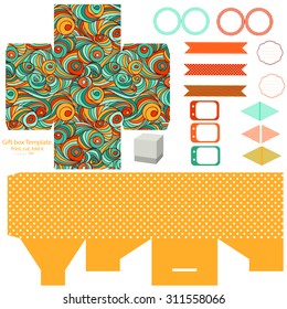 Party set. Gift box template.  Abstract swirl waves pattern. Empty labels and cupcake toppers and food tags. 