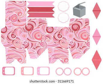 Party set. Gift box template.  Abstract swirl waves pattern. Empty labels and cupcake toppers and food tags. 
