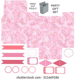 Party set. Gift box template.  Abstract nature pattern with harbs. Empty labels and cupcake toppers and food tags. 