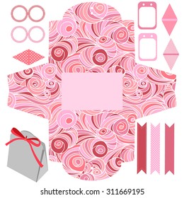 Party set. Gift box template.  Abstract swirl waves pattern. Empty labels and cupcake toppers and food tags. 