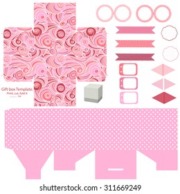 Party set. Gift box template.  Abstract swirl waves pattern. Empty labels and cupcake toppers and food tags. 
