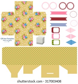 Party set. Gift box template.  Abstract floral shabby chic pattern, classic country roses. Empty labels and cupcake toppers and food tags. 
