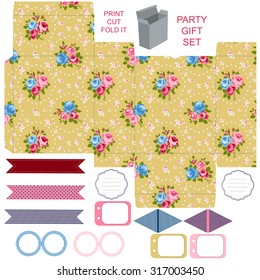 Party set. Gift box template.  Abstract floral shabby chic pattern, classic country roses. Empty labels and cupcake toppers and food tags. 