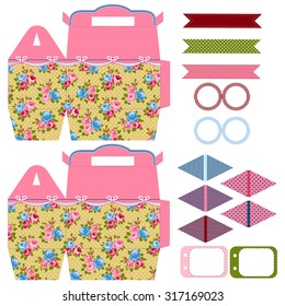 Party set. Gift box template.  Abstract floral shabby chic pattern, classic country roses. Empty labels and cupcake toppers and food tags. 