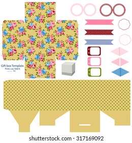 Party set. Gift box template.  Abstract floral shabby chic pattern, classic country roses. Empty labels and cupcake toppers and food tags. 