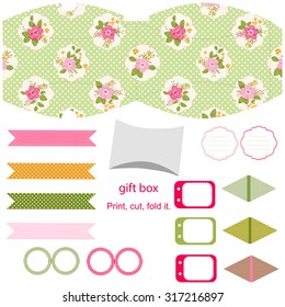 Party set. Gift box template.  Abstract floral shabby chic pattern, classic country roses. Empty labels and cupcake toppers and food tags. 