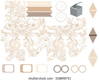 Party set. Gift box template.  Abstract vintage floral pattern with peonies. Empty labels and cupcake toppers and food tags. 