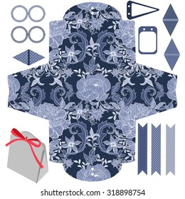 Party set. Gift box template.  Abstract vintage floral pattern with peonies. Empty labels and cupcake toppers and food tags. 
