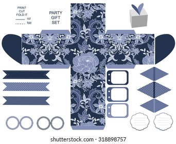 Party set. Gift box template.  Abstract vintage floral pattern with peonies. Empty labels and cupcake toppers and food tags. 