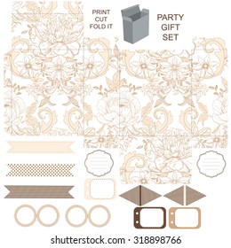 Party set. Gift box template.  Abstract vintage floral pattern with peonies. Empty labels and cupcake toppers and food tags. 