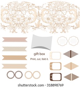 Party set. Gift box template.  Abstract vintage floral pattern with peonies. Empty labels and cupcake toppers and food tags. 