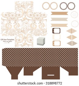 Party set. Gift box template.  Abstract vintage floral pattern with peonies. Empty labels and cupcake toppers and food tags. 