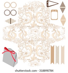 Party set. Gift box template.  Abstract vintage floral pattern with peonies. Empty labels and cupcake toppers and food tags. 