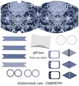 Party set. Gift box template.  Abstract vintage floral pattern with peonies. Empty labels and cupcake toppers and food tags. 