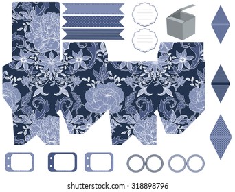 Party set. Gift box template.  Abstract vintage floral pattern with peonies. Empty labels and cupcake toppers and food tags. 