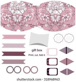 Party set. Gift box template.  Abstract vintage floral pattern with peonies. Empty labels and cupcake toppers and food tags. 