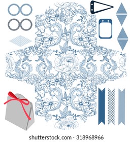 Party set. Gift box template.  Abstract vintage floral pattern with peonies. Empty labels and cupcake toppers and food tags. 