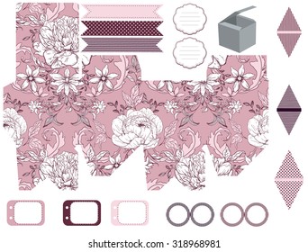 Party set. Gift box template.  Abstract vintage floral pattern with peonies. Empty labels and cupcake toppers and food tags. 