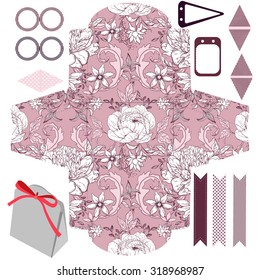 Party set. Gift box template.  Abstract vintage floral pattern with peonies. Empty labels and cupcake toppers and food tags. 