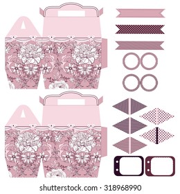 Party set. Gift box template.  Abstract vintage floral pattern with peonies. Empty labels and cupcake toppers and food tags. 