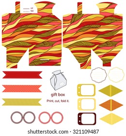 Party set. Gift box template.  Abstract waves doodles pattern. Empty labels and cupcake toppers and food tags. 