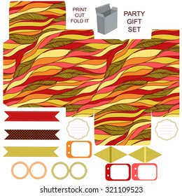 Party set. Gift box template.  Abstract waves doodles pattern. Empty labels and cupcake toppers and food tags. 