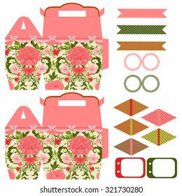 Party set. Gift box template.  Abstract vintage floral pattern with peonies. Empty labels and cupcake toppers and food tags. 
