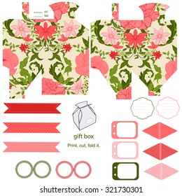 Party set. Gift box template.  Abstract vintage floral pattern with peonies. Empty labels and cupcake toppers and food tags. 