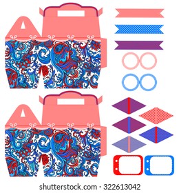 Party set. Gift box template.  Abstract floral pattern. Empty labels and cupcake toppers and food tags. 