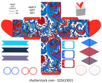 Party set. Gift box template.  Abstract floral pattern. Empty labels and cupcake toppers and food tags. 