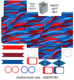 Party set. Gift box template.  Abstract waves pattern. Empty labels and cupcake toppers and food tags. 
