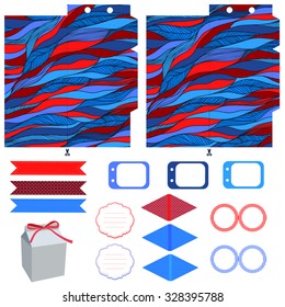 Party set. Gift box template.  Abstract waves pattern. Empty labels and cupcake toppers and food tags. 