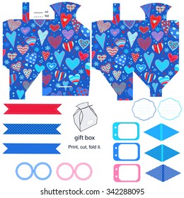Party set. Gift box template. Empty labels and cupcake toppers and food tags.  Hearts love pattern.