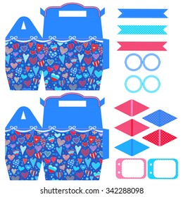 Party set. Gift box template. Empty labels and cupcake toppers and food tags.  Hearts love pattern.