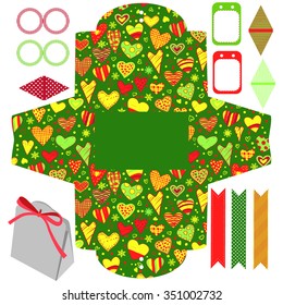 Party set. Gift box template. Empty labels and cupcake toppers and food tags.  Heart and love pattern.