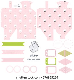 Party set. Gift box template. Empty labels and cupcake toppers and food tags.  Easter bunny pattern.