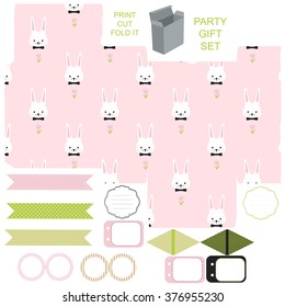 Party set. Gift box template. Empty labels and cupcake toppers and food tags.  Easter bunny pattern.