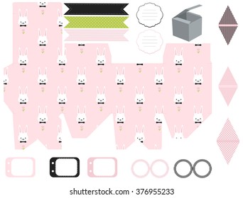 Party set. Gift box template. Empty labels and cupcake toppers and food tags.  Easter bunny pattern.