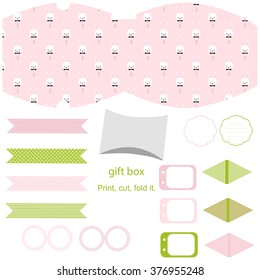 Party set. Gift box template. Empty labels and cupcake toppers and food tags.  Easter bunny pattern.